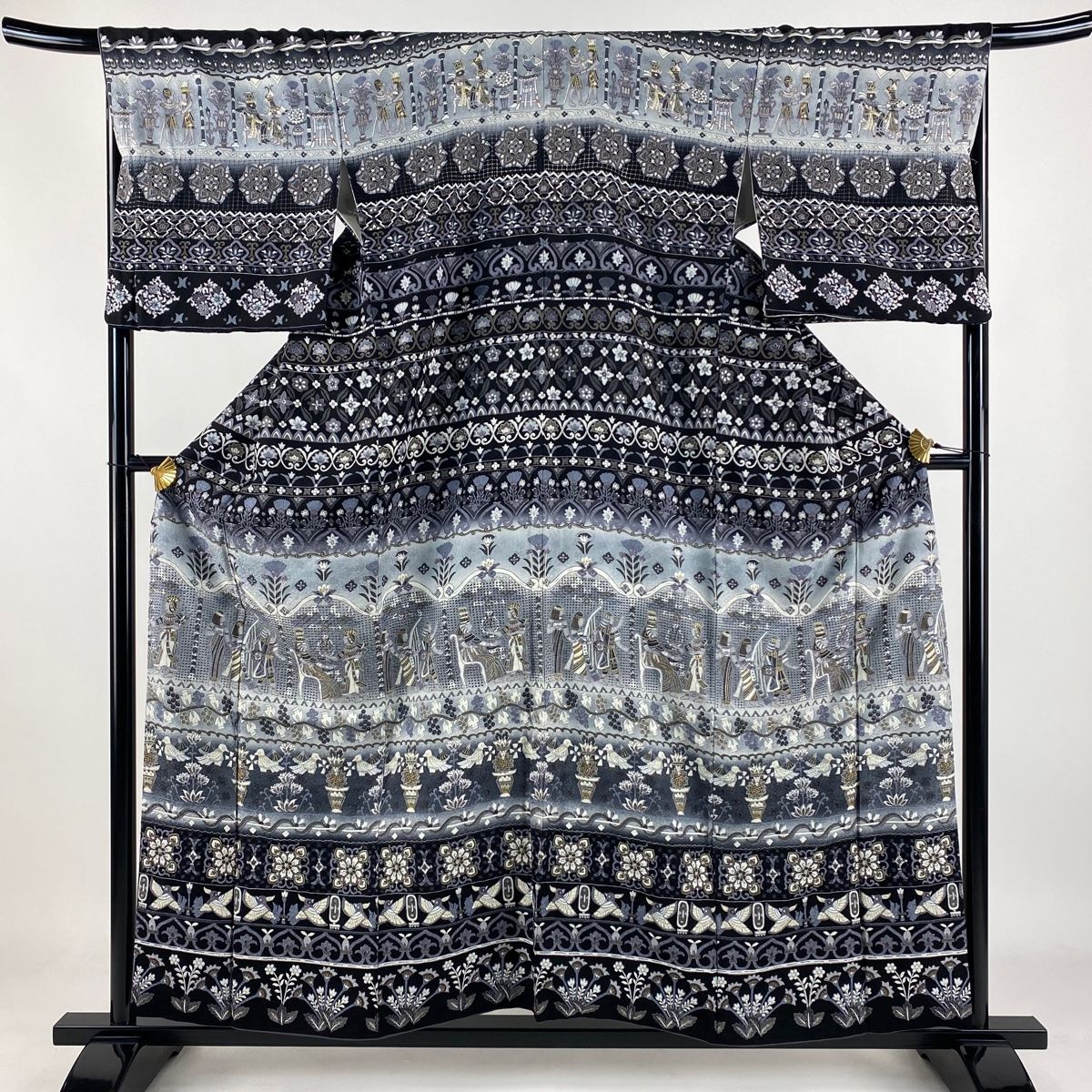 訪問着 身丈158cm 裄丈67.5cm L 袷 コプト柄 刺繍 金糸 墨色 正絹