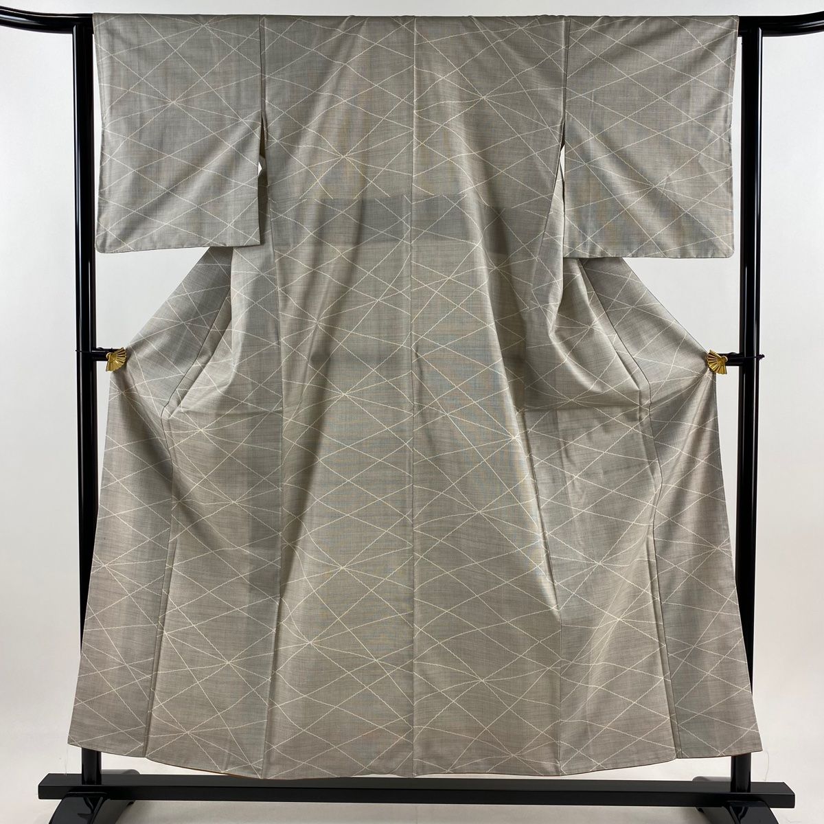 大島紬 身丈156cm 裄丈63cm S 袷 バチ衿 証紙 幾何学 灰色 正絹 秀品