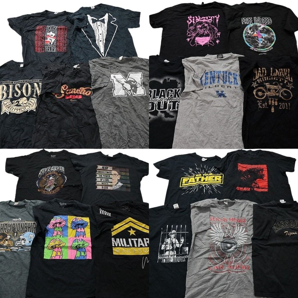 古着卸 まとめ売り 黒・グレー ボディ プリント 半袖Tシャツ 20枚セット (メンズ L ) 人物 英文字 ワンポイント 無地 中古 古着 MZ0297