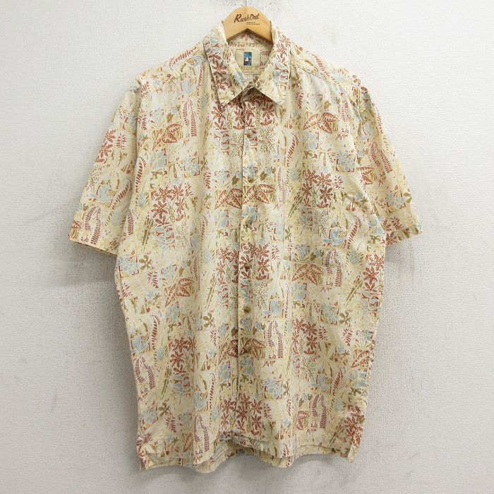 XL/古着 カハラ 半袖 ハワイアン シャツ メンズ 花 葉 総柄 コットン 薄ベージュ系他 カーキ 24jun11 中古 アロハ トップス
