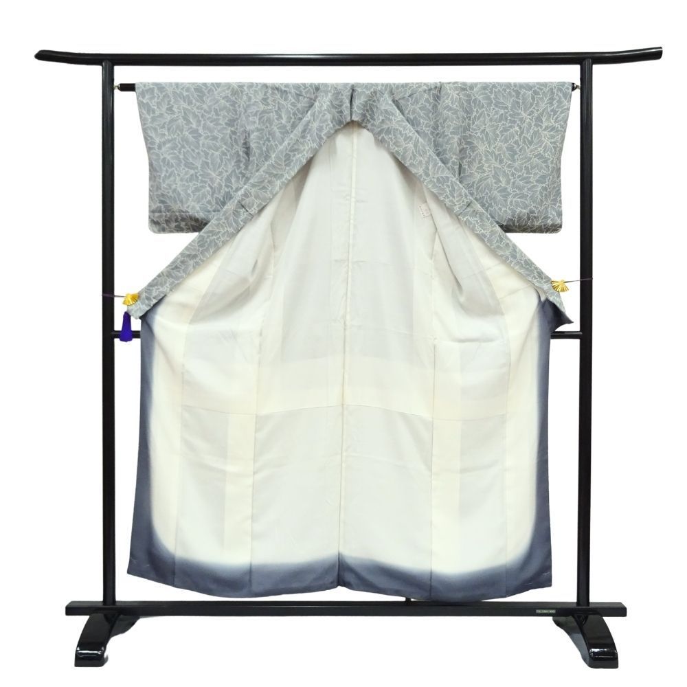 小紋 袷 正絹 リユース くすみ灰青色 葉っぱ お洒落着 カジュアル 1030-04019A