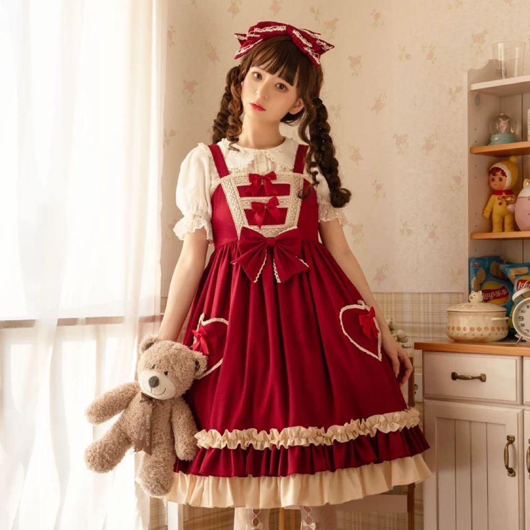 ロリータ 赤ハートポケットJSK♪ベージュ×リボン 甘ロリ♪♪