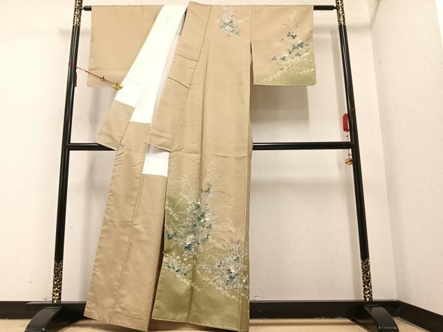 着物リメイク　訪問着　友禅　作家物　紬地　枝花文　正絹から作務衣 着物リメイク 訪問着 友禅 作家物 紬地 枝花文 正絹から作務衣