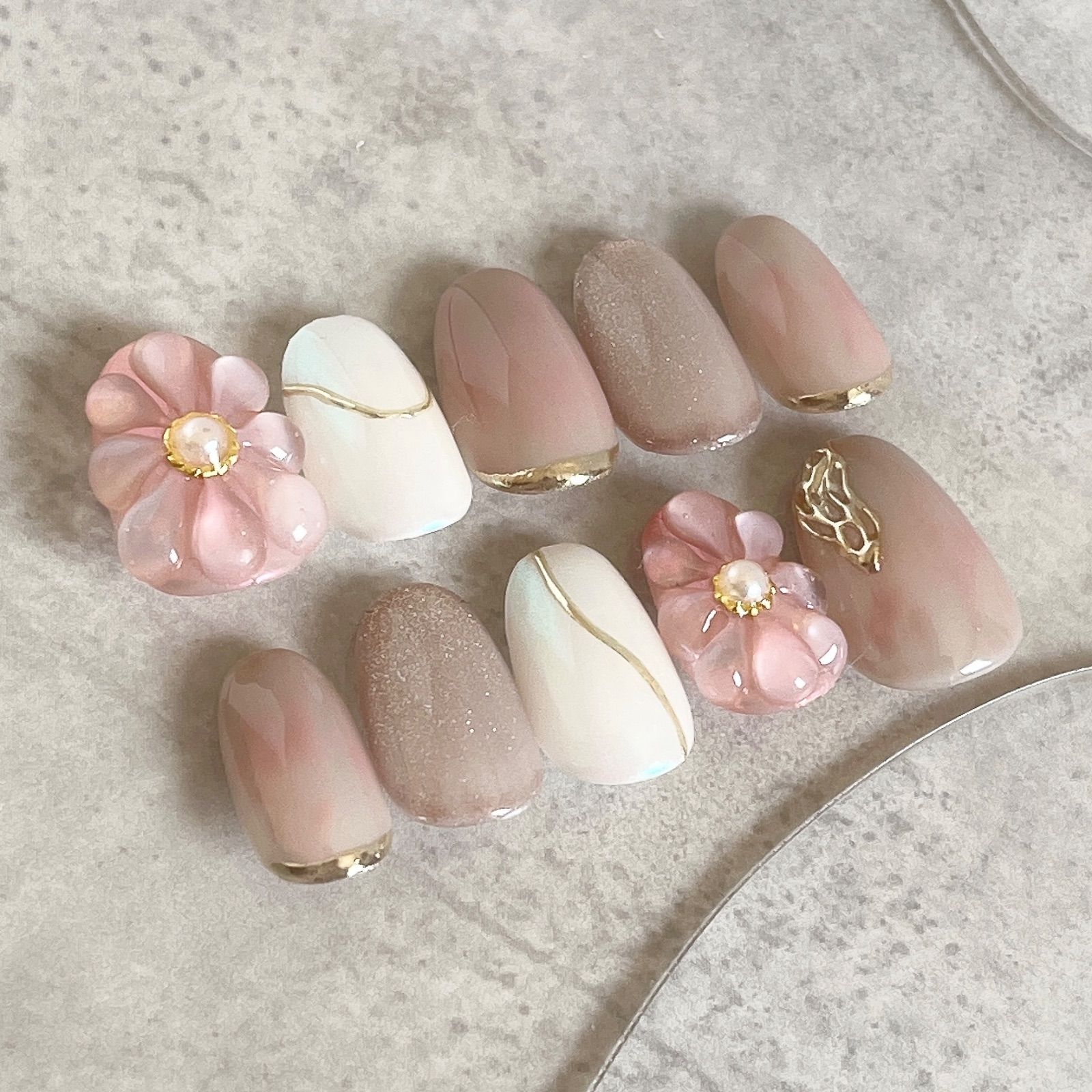 サイズオーダー NO.16 ネイルチップ フラワー ぷっくり ピンク ミラー  