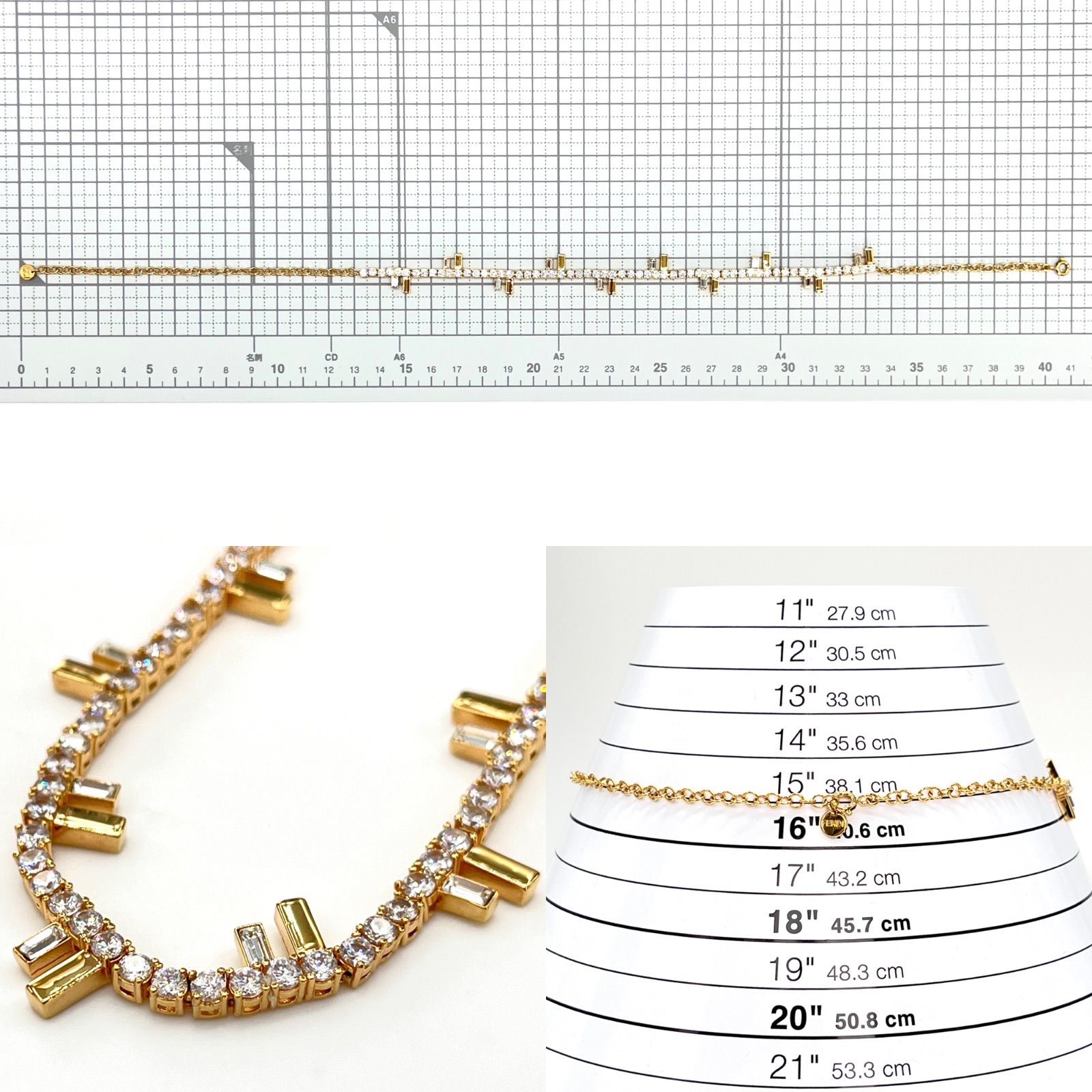 ☆FENDI フェンディ 8AH736 ファースト テニス チョーカー 首周り約25~38㎝ クリスタル ジルコン ストラス ゴールド仕上げのメタル  箱 タグ カード 封筒 付き イタリア製 - メルカリ