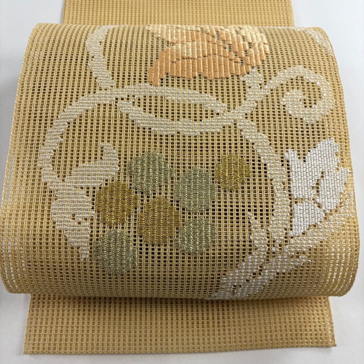 名古屋帯 秀品 夏帯 羅 八寸名古屋帯 関西仕立て 草花 刺繍 金糸 ベージュ 正絹