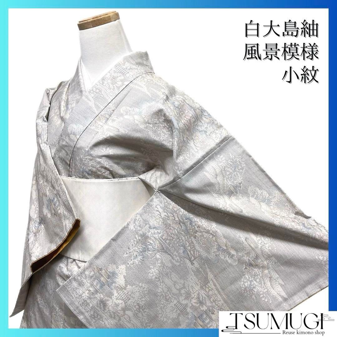 小紋 白大島紬 風景模様 花模様 竹 燈篭 木々 着物 072a d