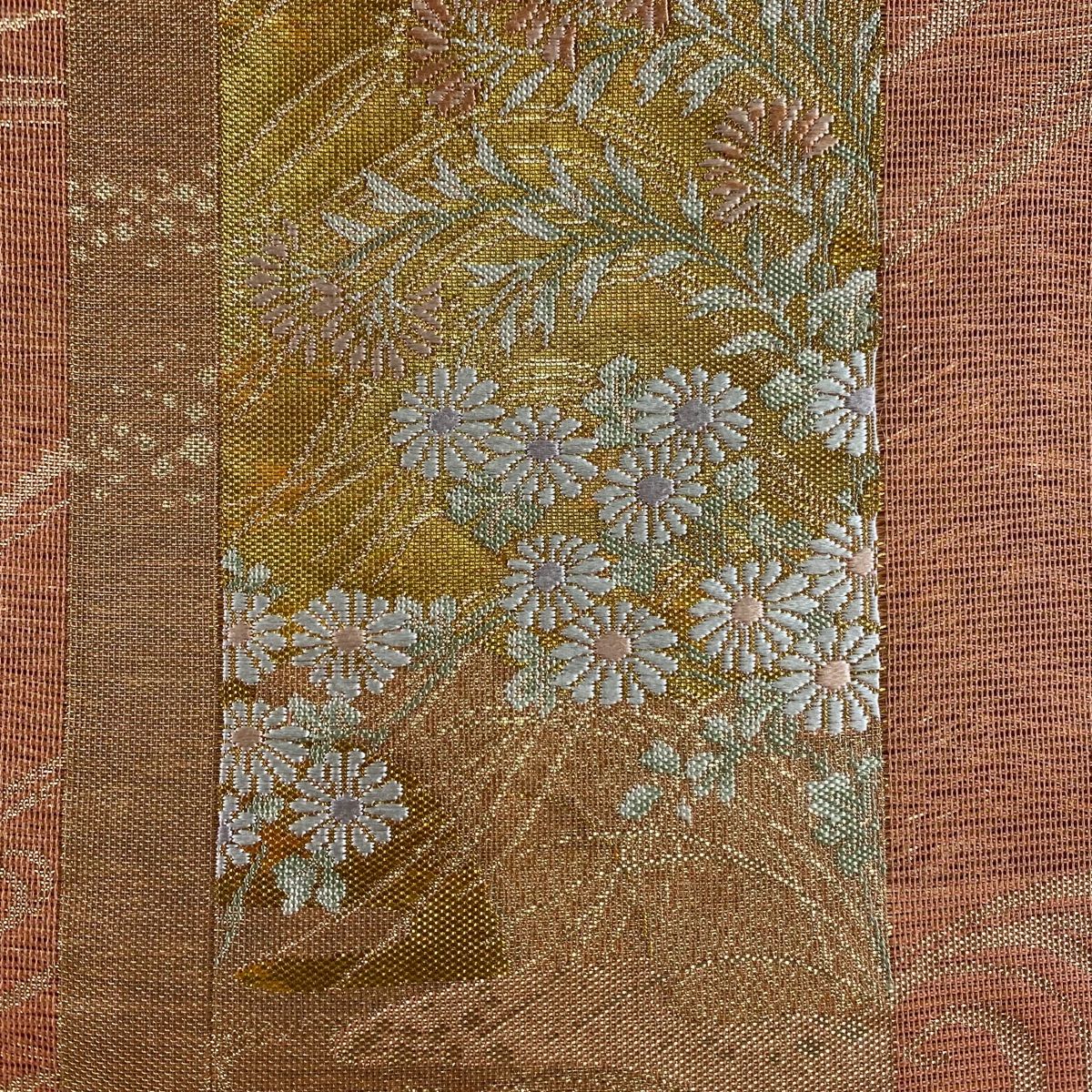 袋帯 美品 秀品 夏帯 絽 流水に短冊 秋草 金糸 箔 オレンジ 六通