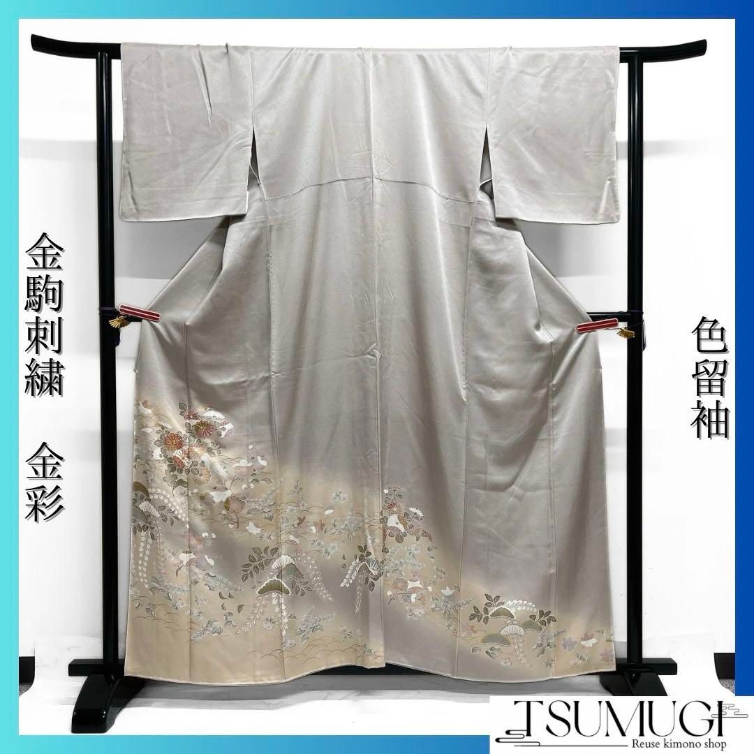 色留袖 金駒刺繍 金彩 菊花 藤 松 桔梗 楓 芝草 着物 092a d