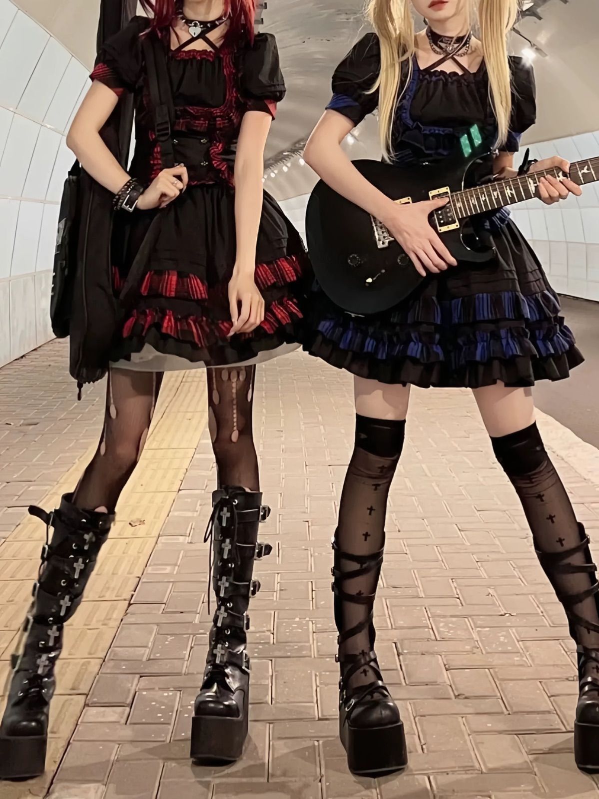 ブルー レッド ブラック リボン 姫 ワンピース サブカル 服 ガーリー系 ドレス ロリータ ロリィタ バンギャ ハロウィン 衣装