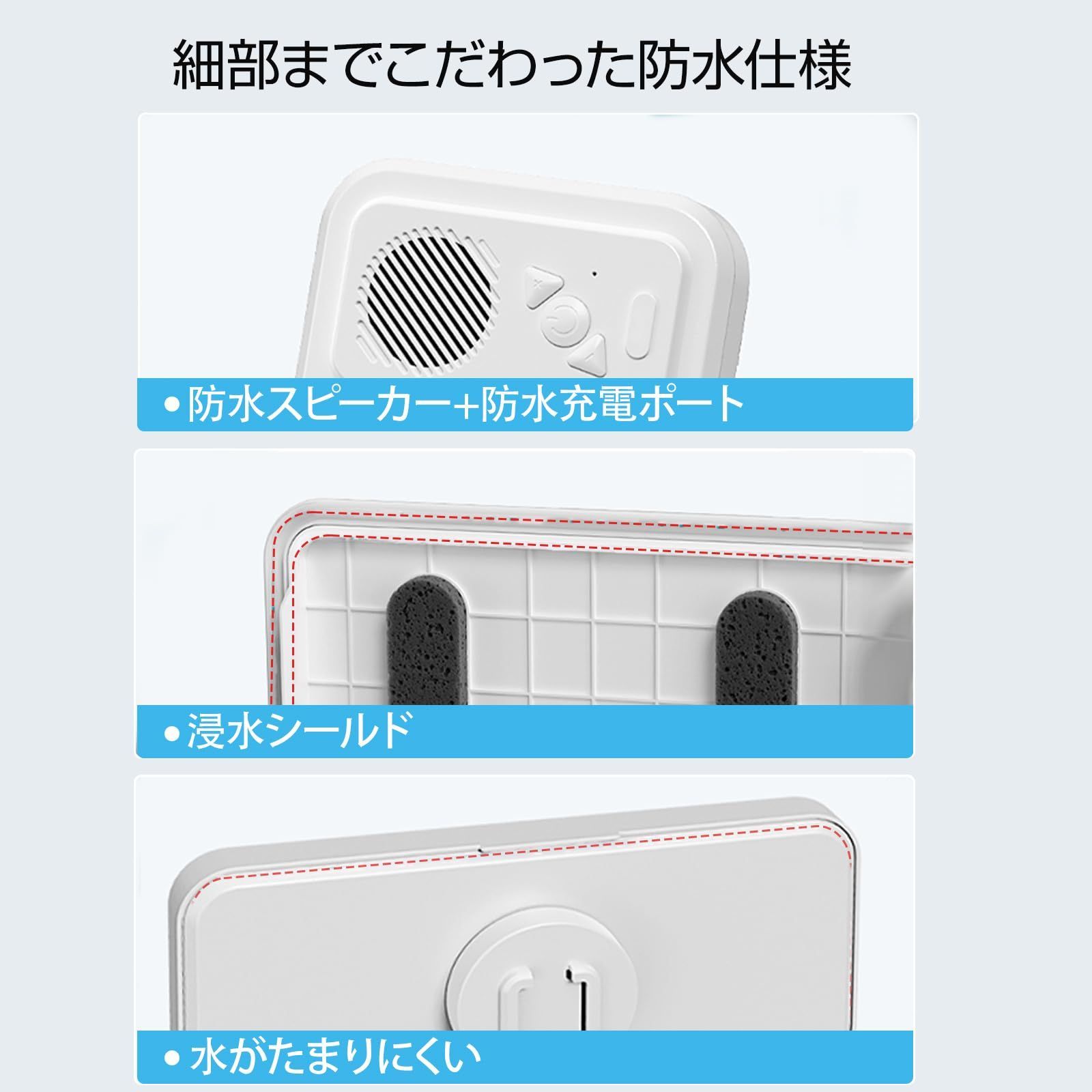 新品 Umimile お風呂 スマホ 防水ケース Bluetoothスピーカー付き 壁掛け＆マグネット 充電式 タッチ 顔認証 IPX5防水 角度調整 伸縮可能 16cm以内スマホ対応 PET素材 浴室/お風呂