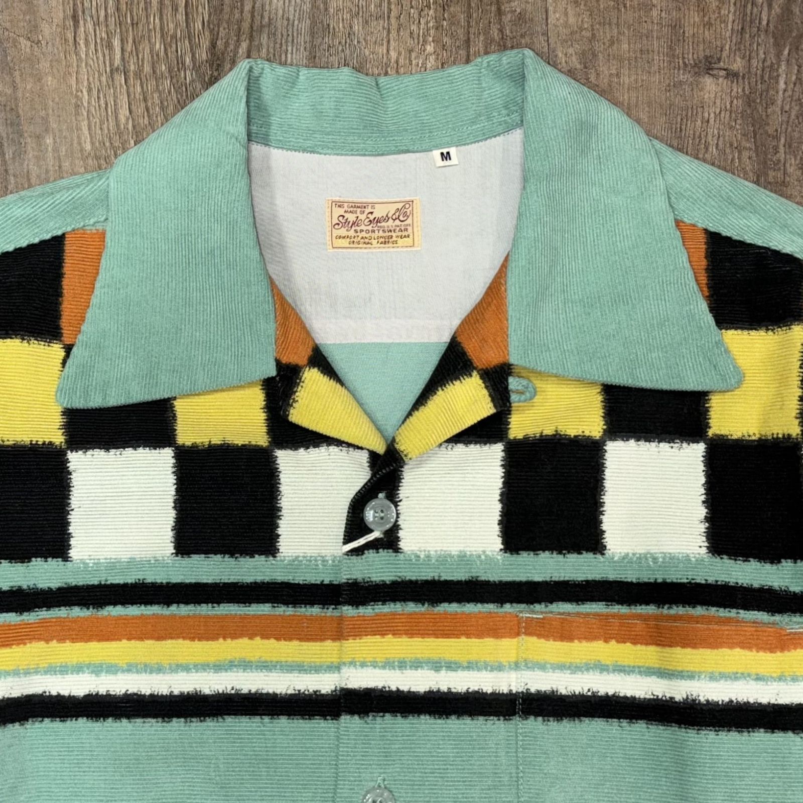 スタイルアイズ レオパード ベルベット開襟シャツ ミントグリーン