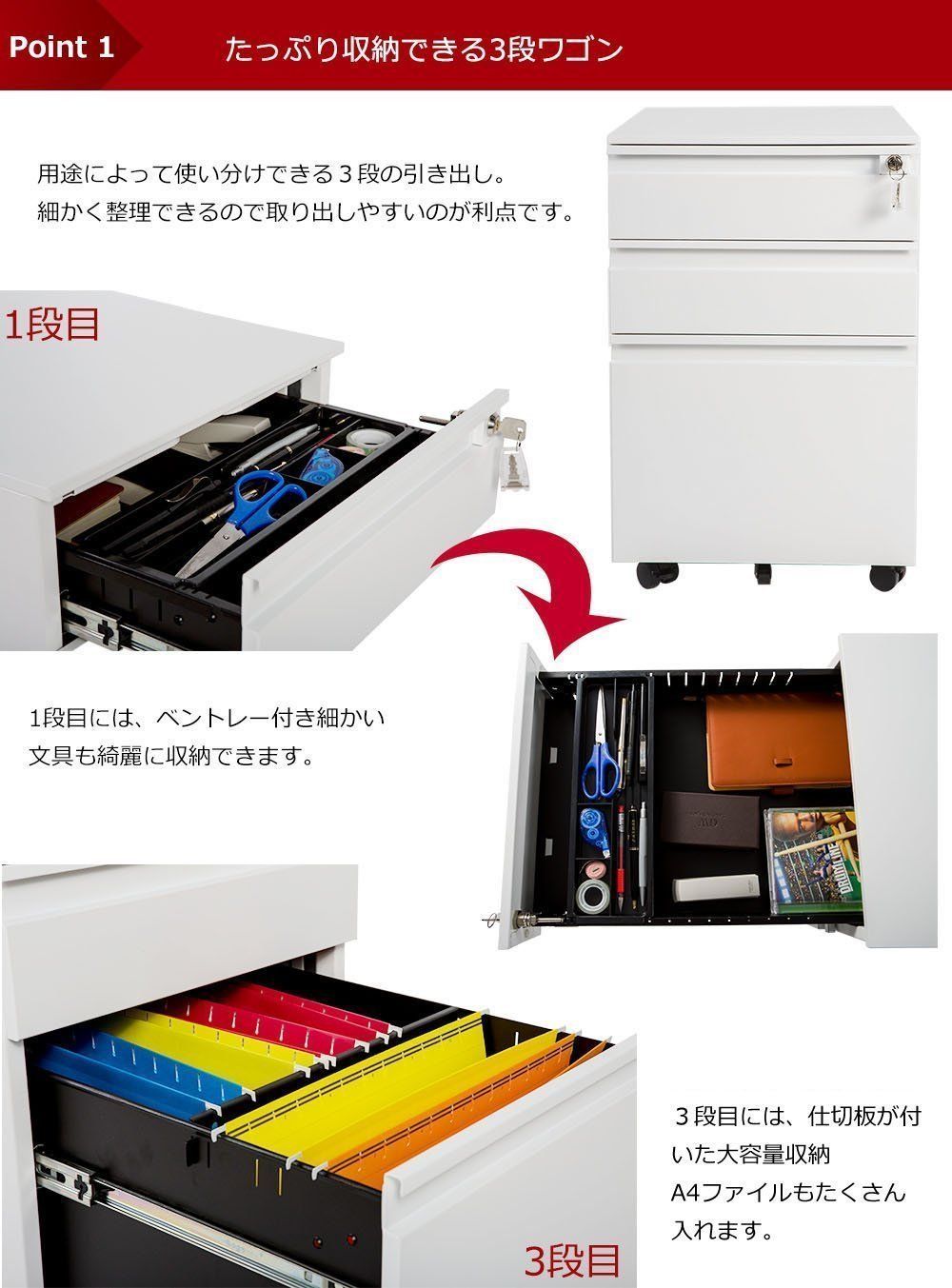 サイドワゴン 3段オールロック 幅390×奥行450×高さ600mm スチール製 楽天市場】オフィスワゴン サイドワゴン 3段オールロック 幅390