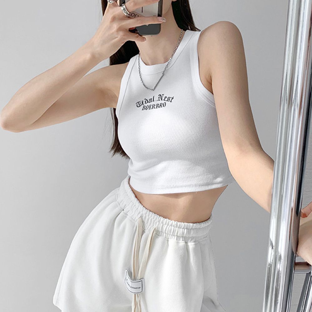 リブ タンク アシンメトリー クロップド丈 ショート丈 ス 夏服 ダンス 衣装 韓国 ヒップホップ レディース タンクトップ ショート丈 ロゴプリント ナンバー リブタンク