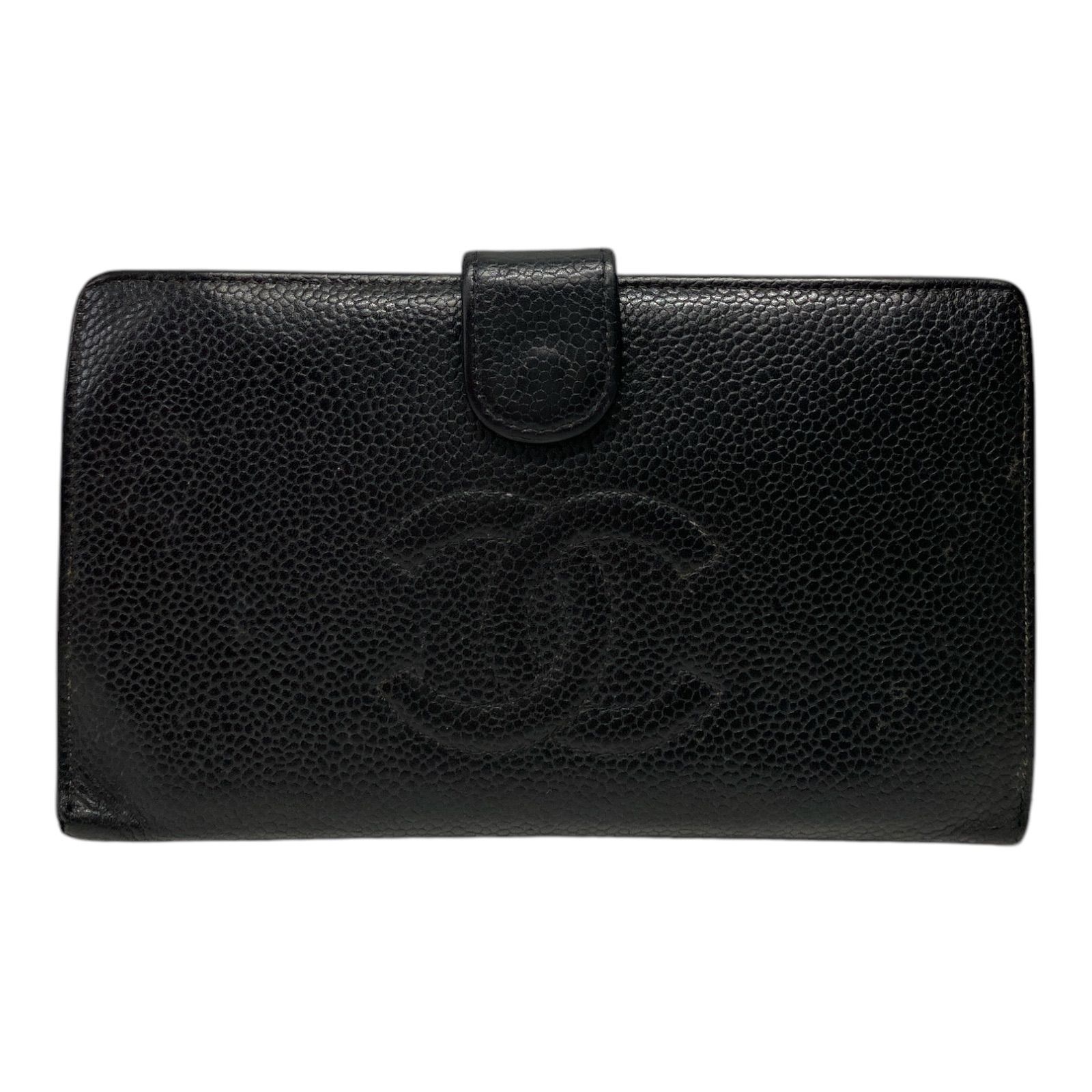 CHANEL キャビアスキンがま口長財布 ブラック黒 シャネル - メルカリ