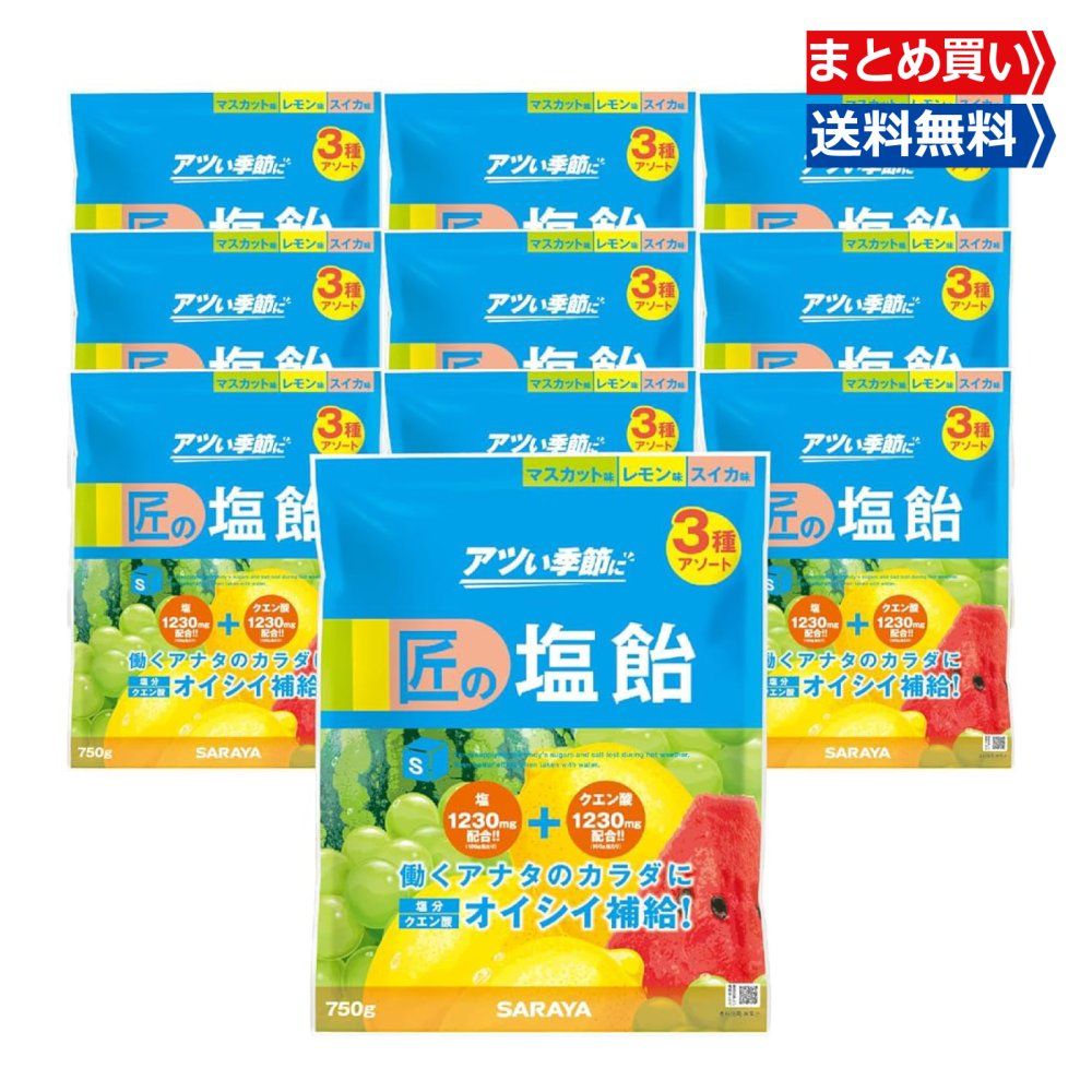 サラヤ 匠の塩飴 3種アソート マスカット味 レモン味 スイカ味 750g 約175粒 熱中症 対策 塩分補給 国産塩 個包装 キャンディ クエン酸 糖分 27860 10