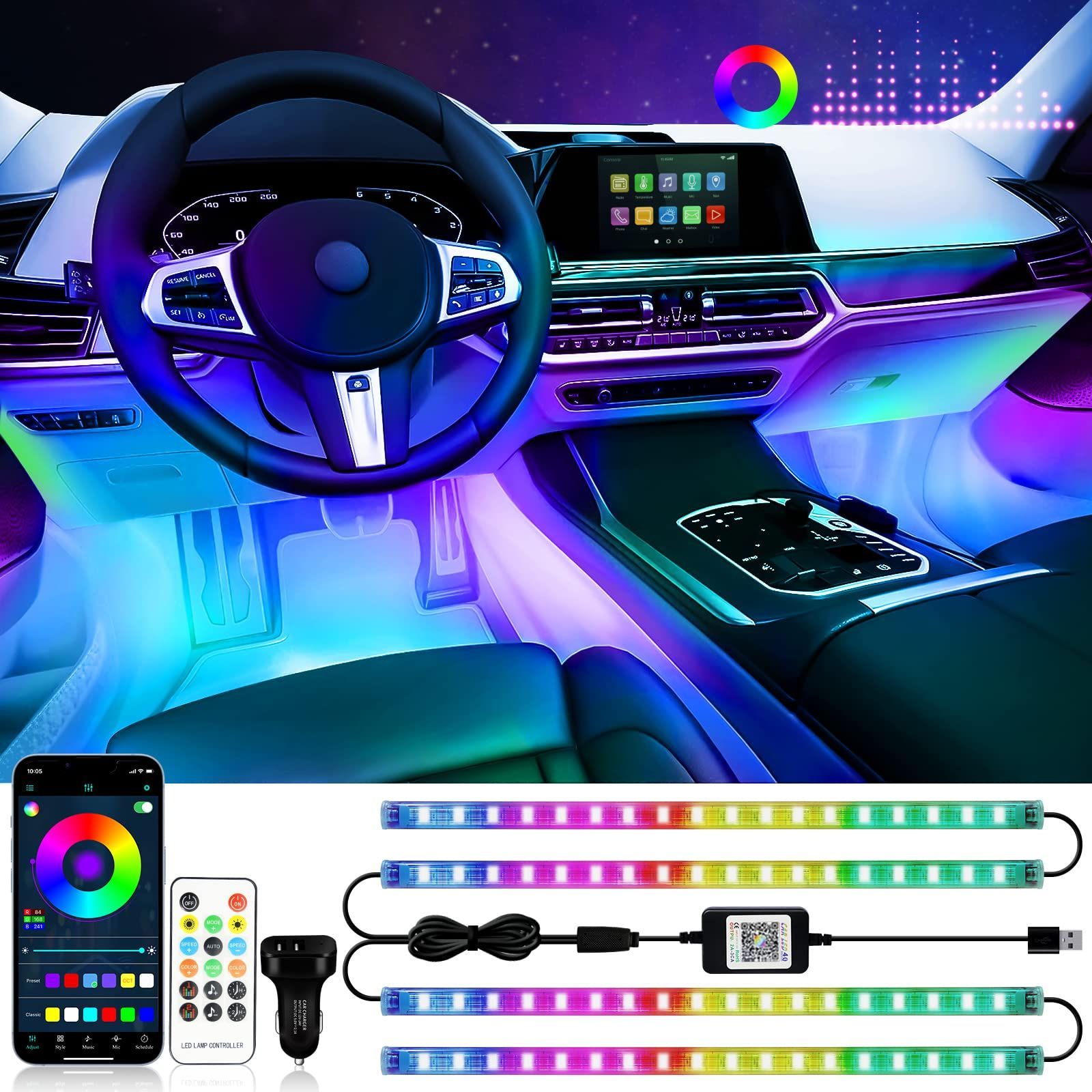 新品 DUOFU365 車用LEDテープライト フットライト車 アンビエントライト 足下照明 フルカラー 車内装飾用 RGB 多色切り替え 高輝度12V 音楽同期 アプリコントロール リモコン付き 2in1 72SMD