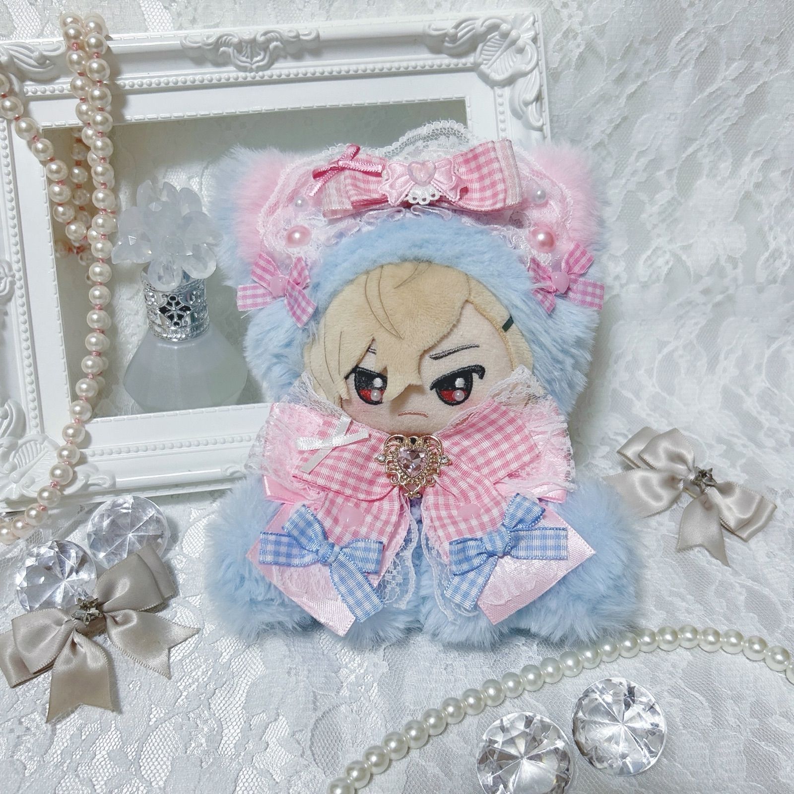 ぬい服 10~12cm おすわり ブルー ピンク ねこ ♡ 10〜12センチサイズ ぬい服 おすわり着ぐるみ ねこ 水色ピンク