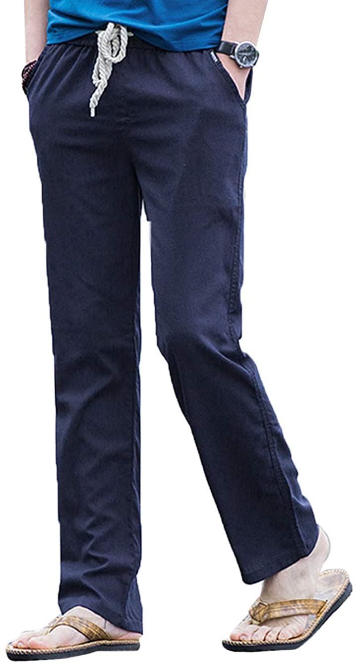 GANATA（ガナタ） 綿麻 イージーパンツ ロング 涼しい カジュアル 無地 ボトムス メンズ( ネイビー,  L)