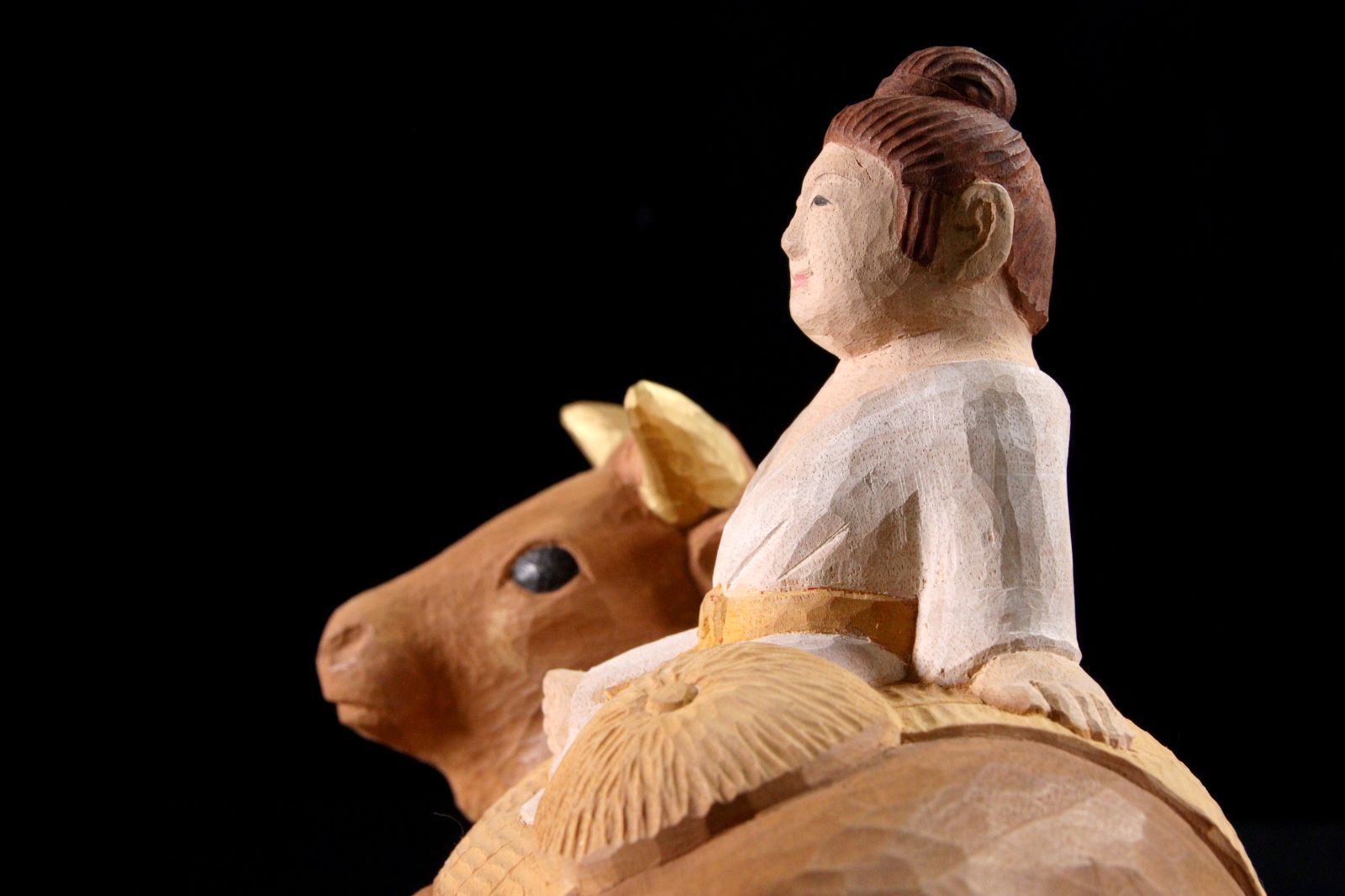 仏師 久保田彫刻工房 久保田唯心刀 樟製 「騎牛帰家」彩色木彫置物