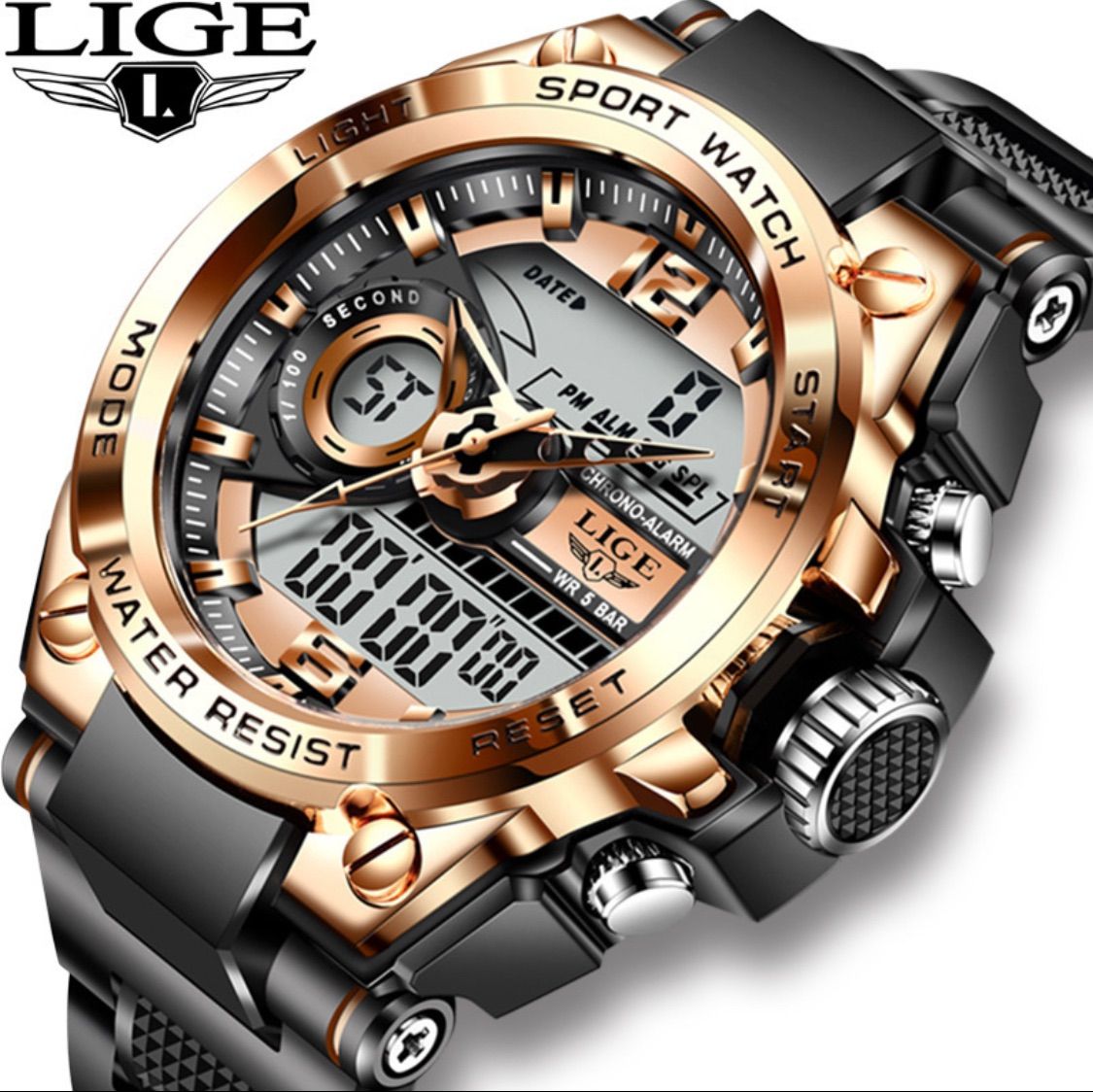 新品 LIGE スポーツデュアルウォッチ 50m防水メンズ腕時計 ローズゴールド - メルカリ