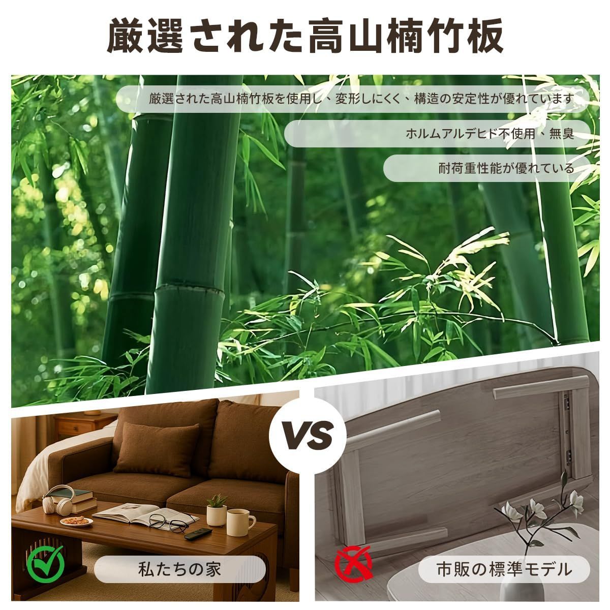 リビングルーム オフィス 組み立て不要 収納便利 省スペース コンパクト 家庭用 コーヒーテーブル 丸角 おしゃれ 耐荷重100kg 幅80x奥行48x高さ40cm 頑丈 天然竹製 折りたたみテーブル ローテーブル EastEamily MARWIL-DEMENAGEMENTS_CH