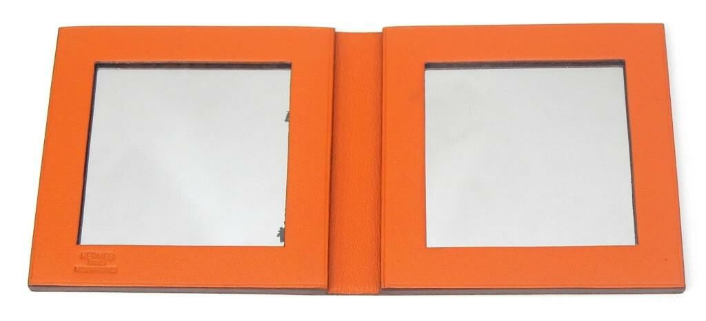 エルメス HERMES コンパクトミラー 2面鏡 オレンジ レザー