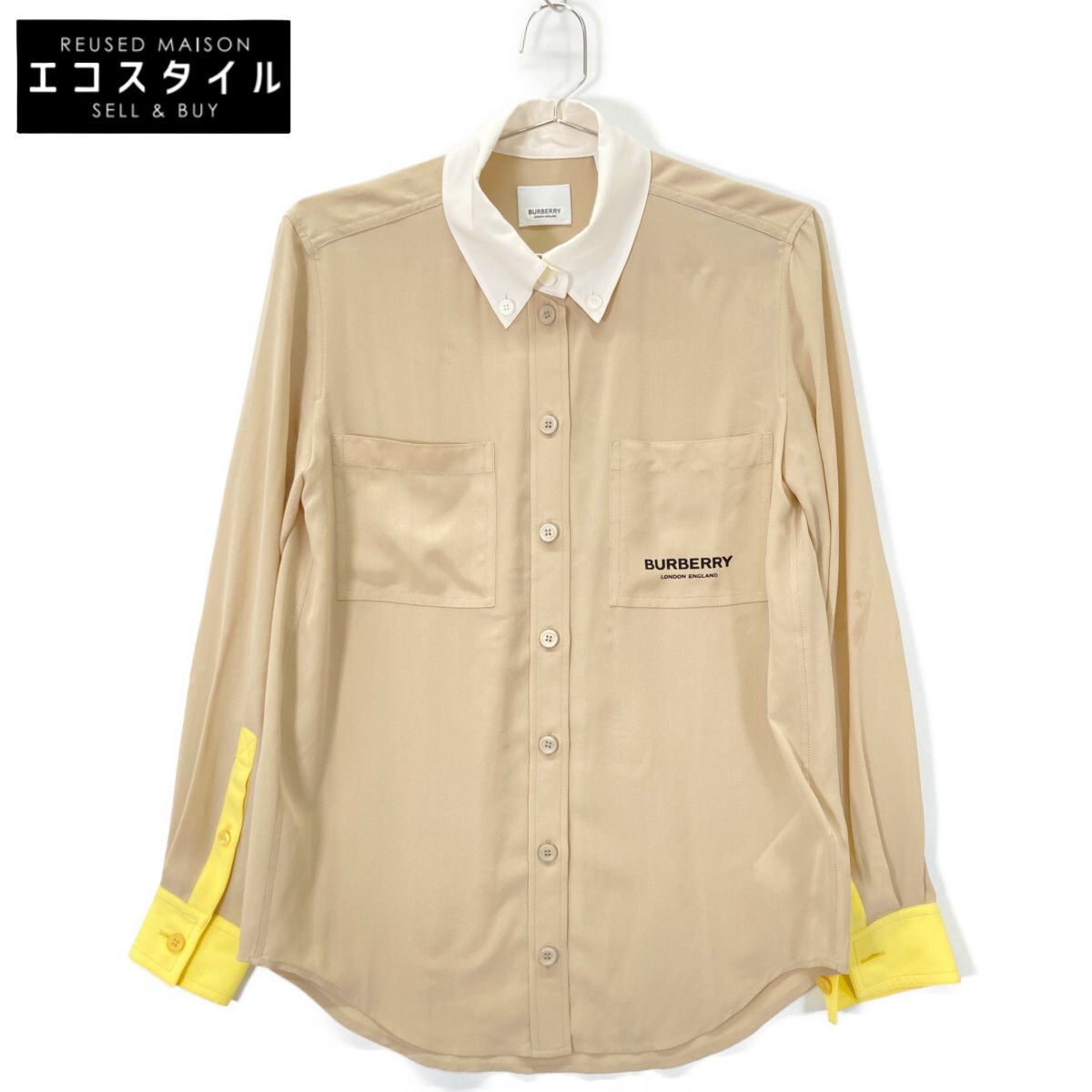 BURBERRY バーバリー 8054971 ﾍﾞｰｼﾞｭ ｼﾙｸ ﾎﾞﾀﾝﾀﾞｳﾝｼｬﾂﾌﾞﾗｳｽ 34