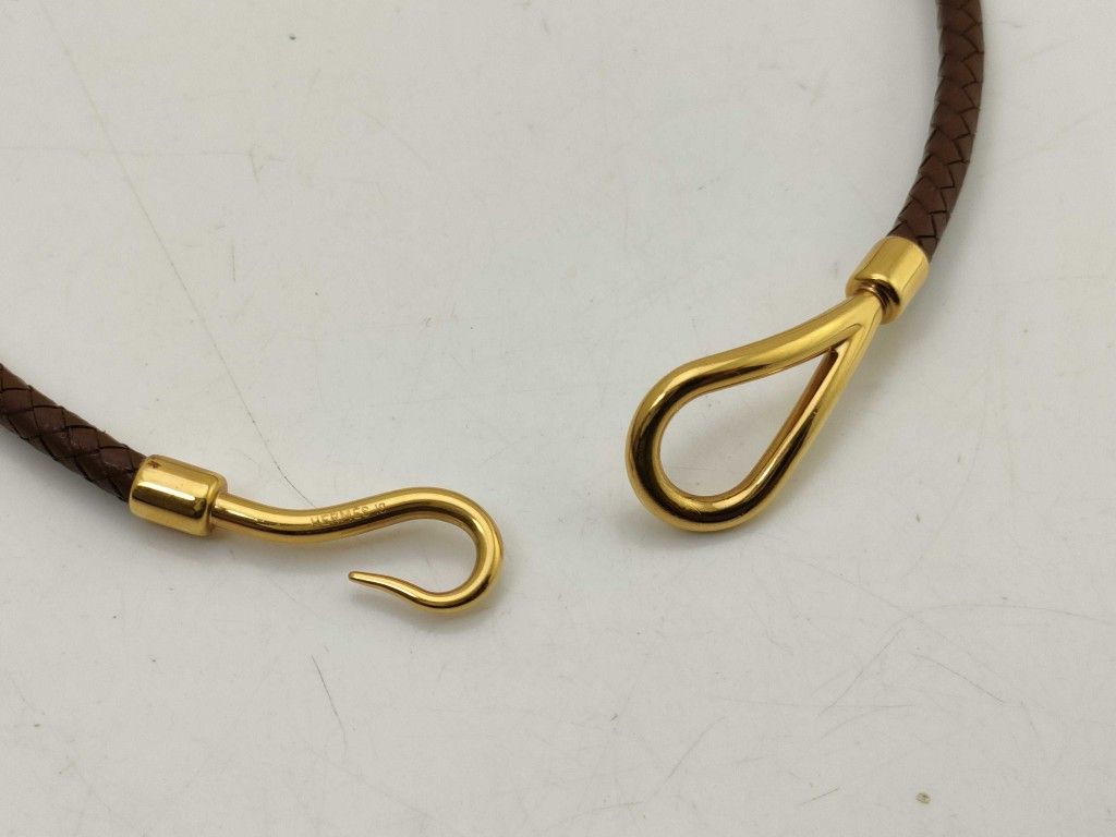 HERMES エルメス チョーカー ジャンボ ブラウン レザー ユニセックス 編込み ゴールド金具 FORTGASGNV_COM_BR