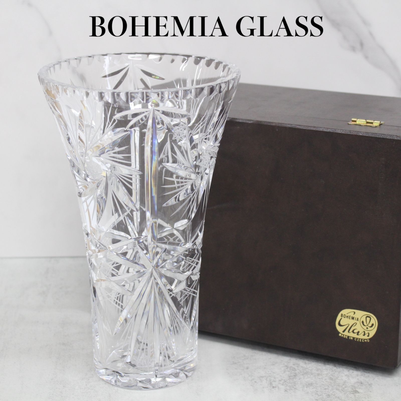 S392)BOHEMIA GLASS フラワーベース 高さ25.5cm 箱付き - 【ショップ