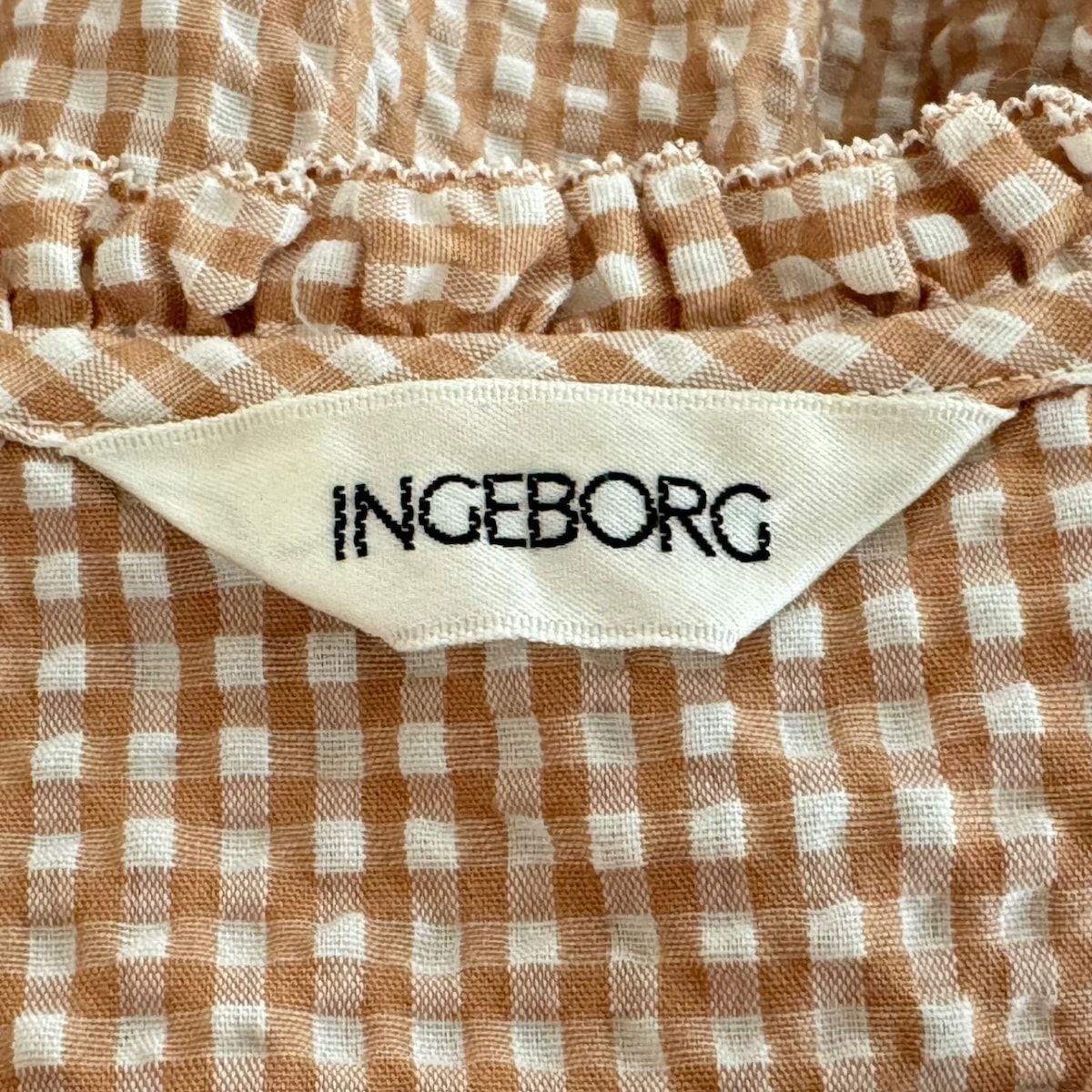 INGEBORG(インゲボルグ) ワンピース レディース美品  - ライトブラウン×白 半袖/ロング/チェック柄/肩パッド