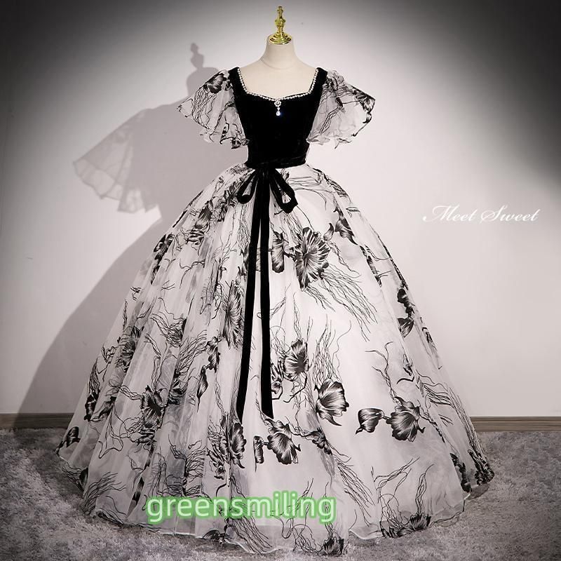 ドレス プリンセスライン ブラック 黒 花柄 フ スリーブ ロングドレス ウェディングドレス 結婚式 二次会 花嫁 前撮