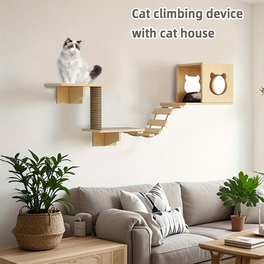 壁掛け式猫用クライミングセット 木製繊維板製猫用家具 ハウス トンネル 橋 木 ステップ スクラッチャー ハンモック 屋内猫タワー 豪華猫壁クリスマスギフト