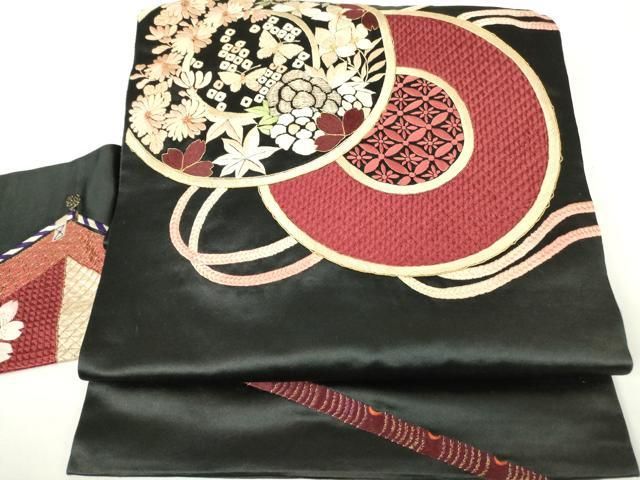 平和屋着物●アンティーク 大正ロマン 九寸名古屋帯 駒刺繍 総刺繍 鏡裏花文 黒地 金糸 正絹 DAAX3376az