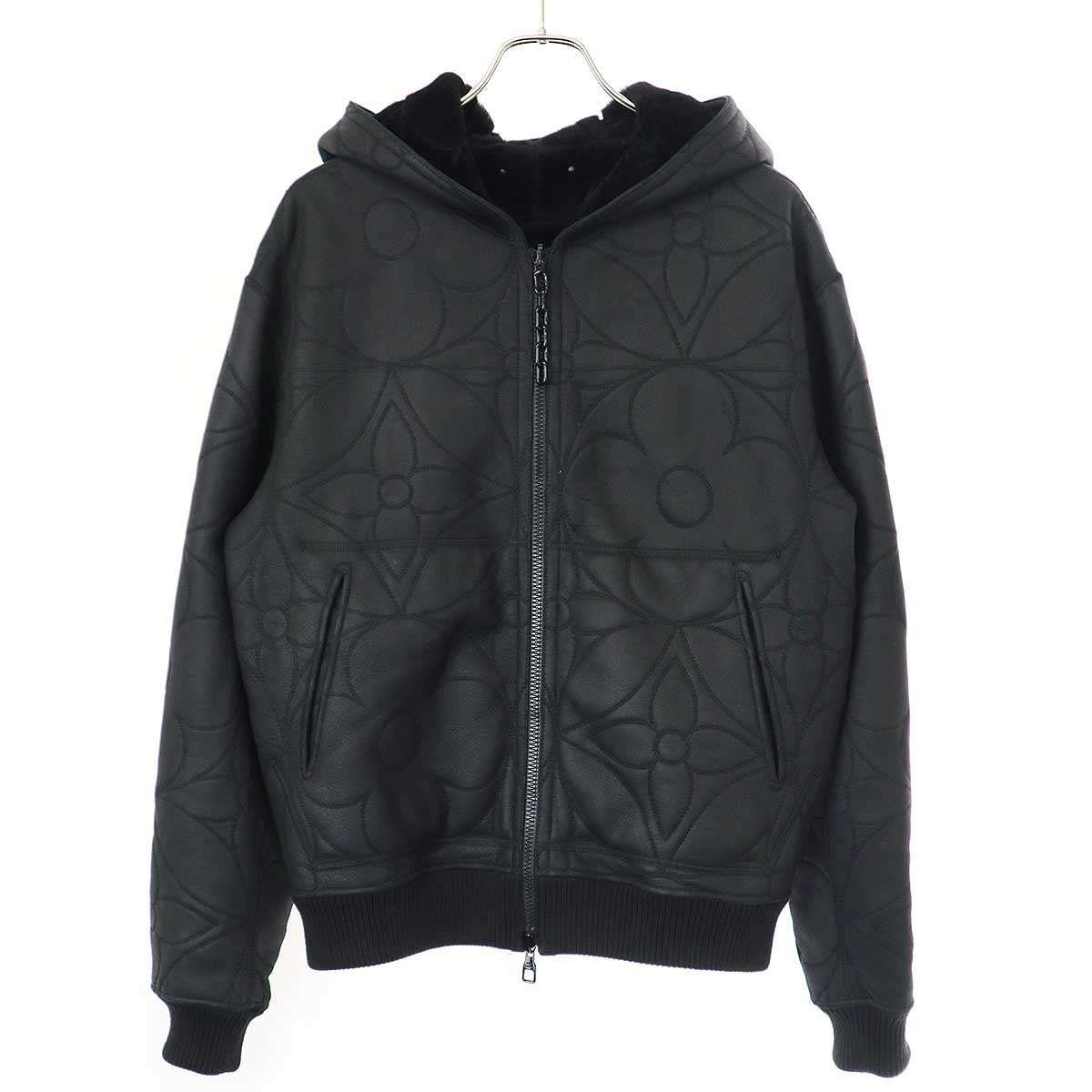 LOUIS VUITTON ルイヴィトン 21SS LV Shearling Flower Monogram Hooded Jacket リバーシブルムートンレザージャケット 1A8H5X ZCW HKL08W ブラック 46