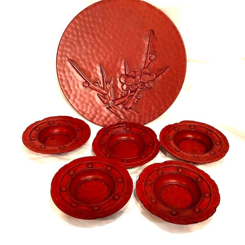 鎌倉彫 茶托 5枚セット レア物、漆塗り鎌倉彫のモダン茶托5客 鎌倉彫