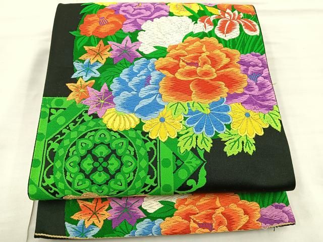 平和屋着物○六通柄袋帯 唐織 立波花文 黒地 金糸 正絹 逸品