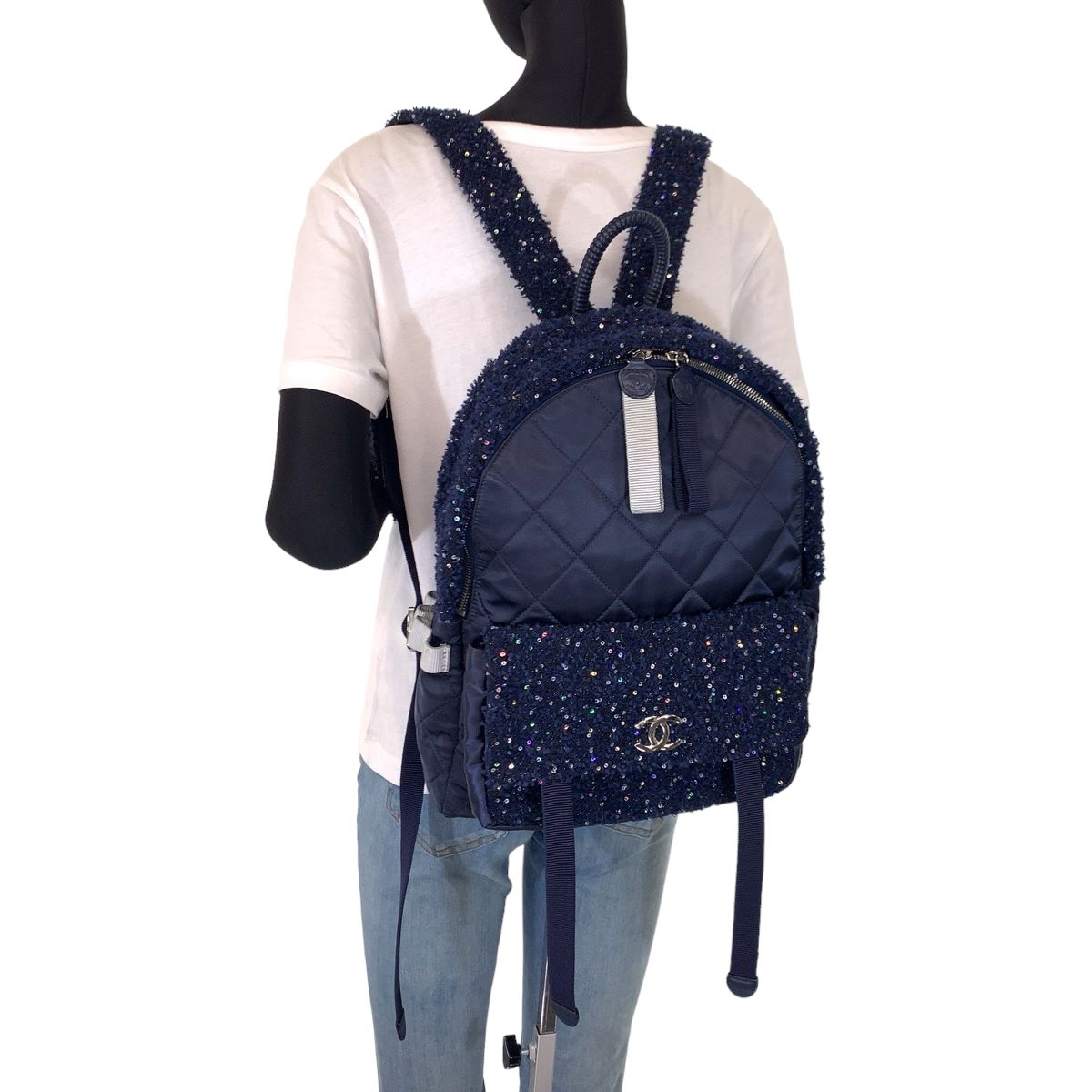 美品 CHANEL シャネル マトラッセ ココマーク ネイビー 紺 シルバー 