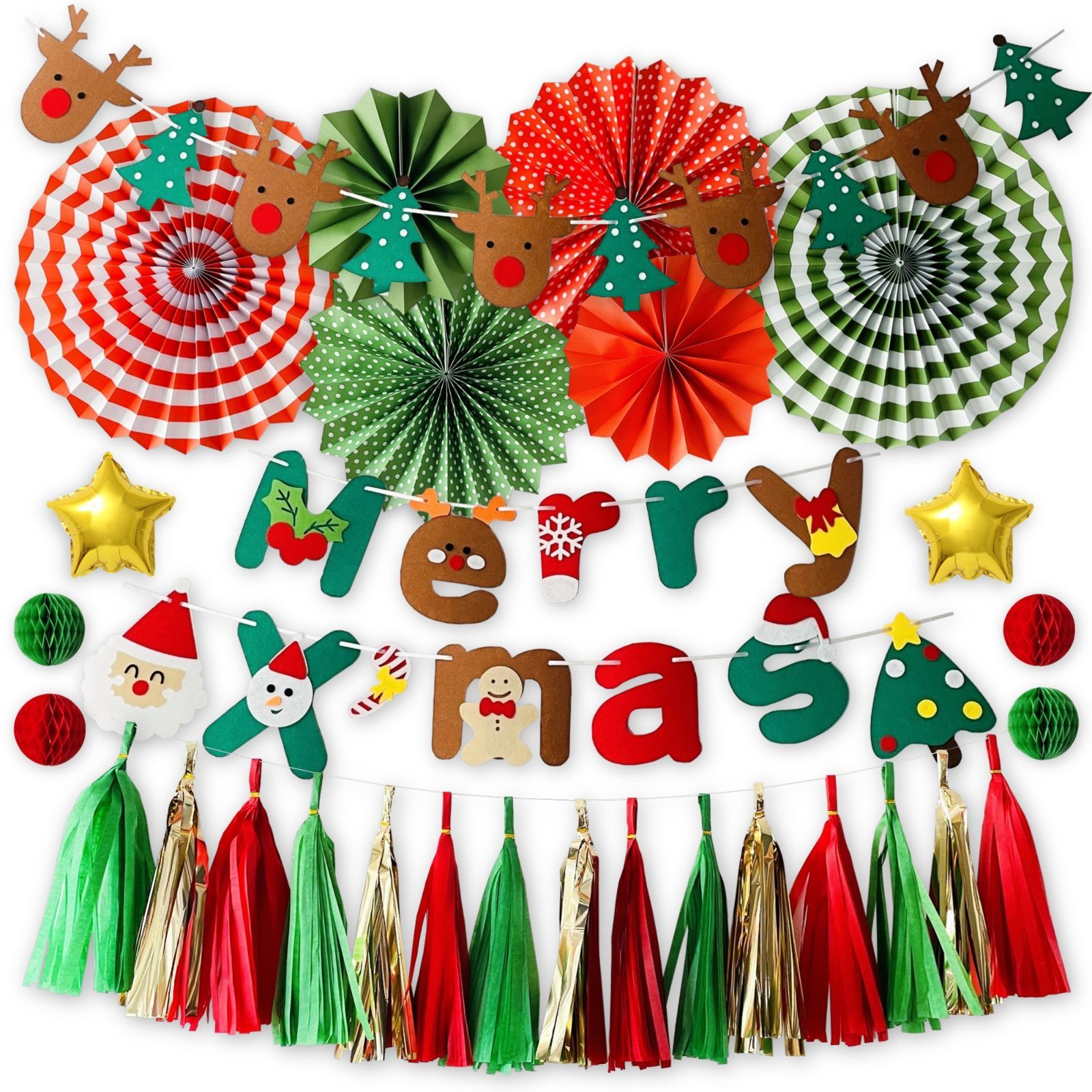 クリスマス飾り サンタ トナカイガーランド ペーパーファン Merry