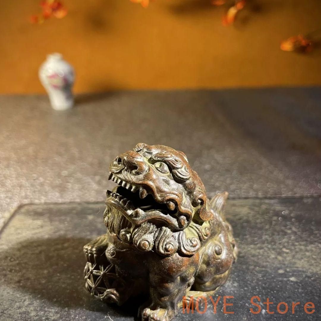 銅製 獅子踏毬瑞獣香炉 禅意薫炉 茶道具 香道具 装飾品 工芸品
