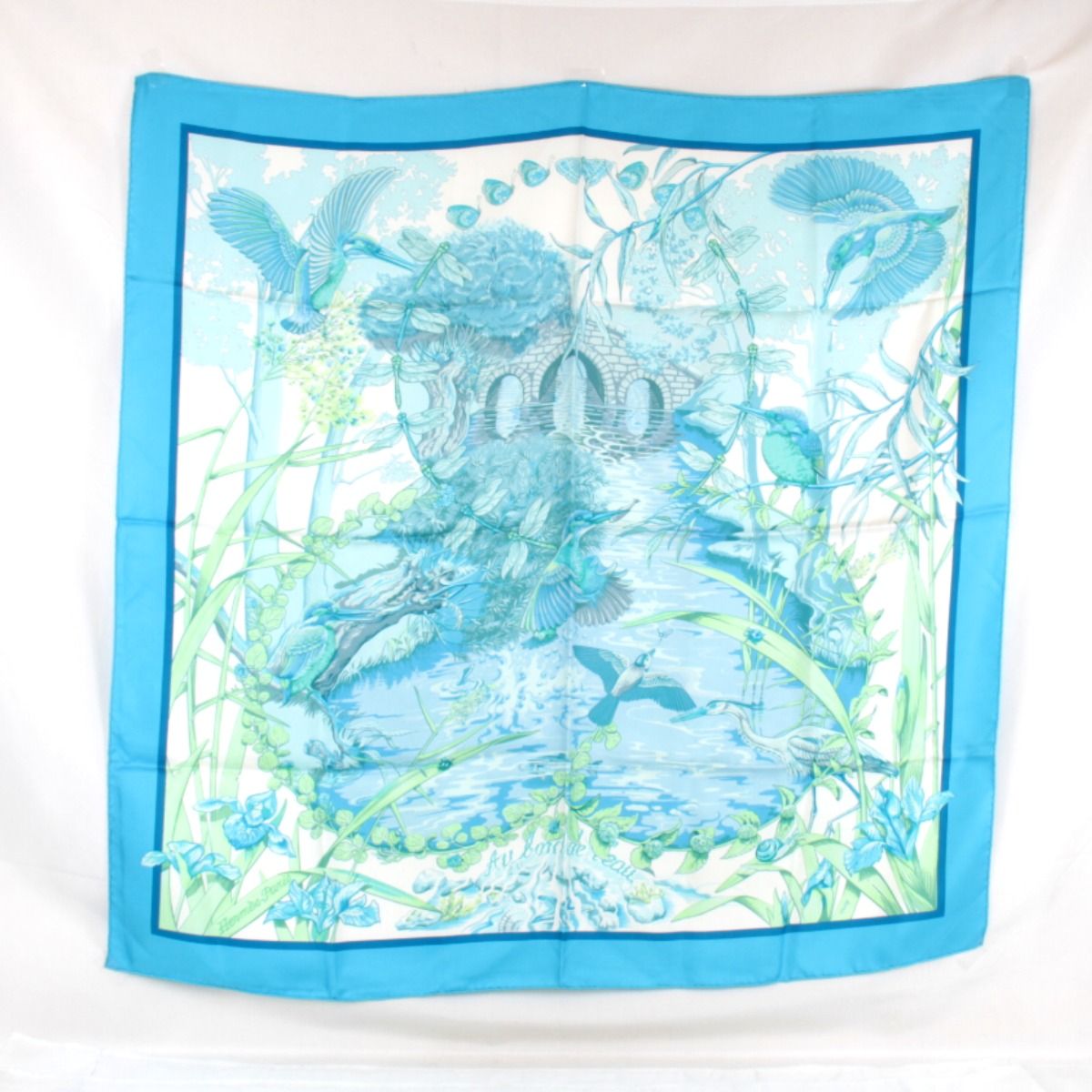 エルメス カレ 90 Au bord de l ean スカーフ シルク ブルー