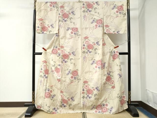 平和屋着物▽小紋 単衣 流水草花文 洗える着物 AAAU1154iu