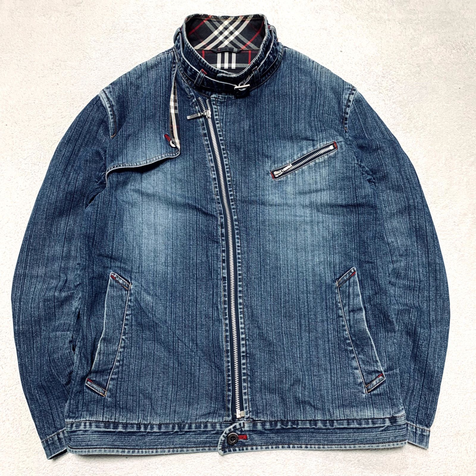 BURBERRY BLACK LABEL デニムジャケット ライダースジャケット セミダブル ノバチェック チンストラップ ロゴ刻印 ヴィンテージ加工 ウォッシュ加工 フェード Mサイズ インディゴブルー 青系 バーバリーブラックレーベル