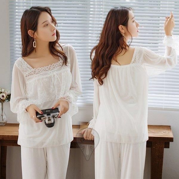 パジャマ ルームウェア レディース 春夏 長袖パジャマ 白レース ロングパンツ 薄手 姫風 ルームウェア上下セット 女性 部屋着 寝巻き 大人 オシャレ