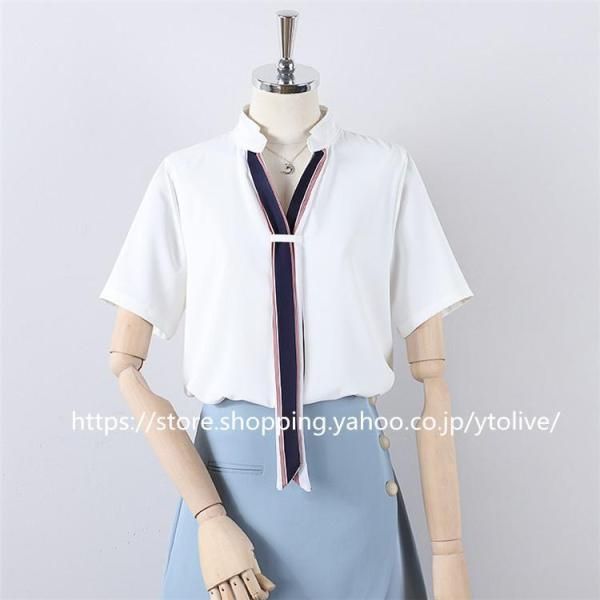 ブラウス シフォン シャツ スキッパー リボン トップス 半袖 レディース 春夏 オフィス 配色ボウタイブラウス ブラウス シフォン シャツ スキッパー リボン トップス 半袖