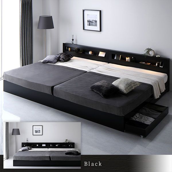 ベッド ワイドキング 280(D+D) ボンネルコイルマットレス付き ストーングレー 照明付 収納付 棚付 宮付 コンセント付 ベッド ワイドキング 280(D+D) ボンネルコイルマットレス付き ストーン