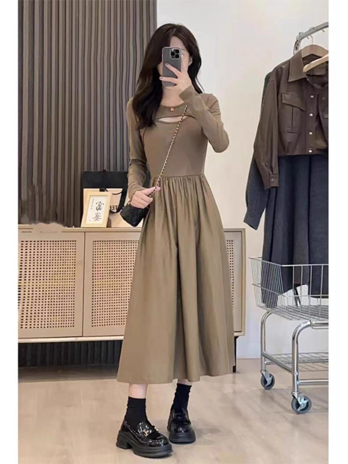 レディース ワンピース 秋冬 小柄向け 長袖 ロング丈 感 カジュアル S-XL カーキ ブラック