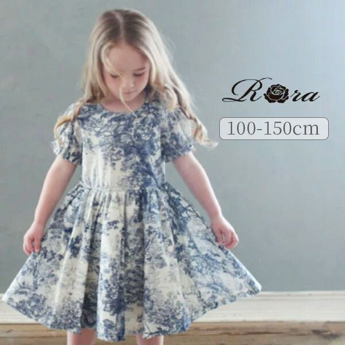 ☆ ブルー ☆ マリアムワンピース 半袖 ワンピース キッズ 半袖ワンピース 12122001 ワンピ 夏 女の子 綿100 花柄 総柄 パフスリーブ レトロ ガーリー ふんわり 上品 おしゃれ 可愛い オシャレ かわいい カジュアル 子ども服 子供服