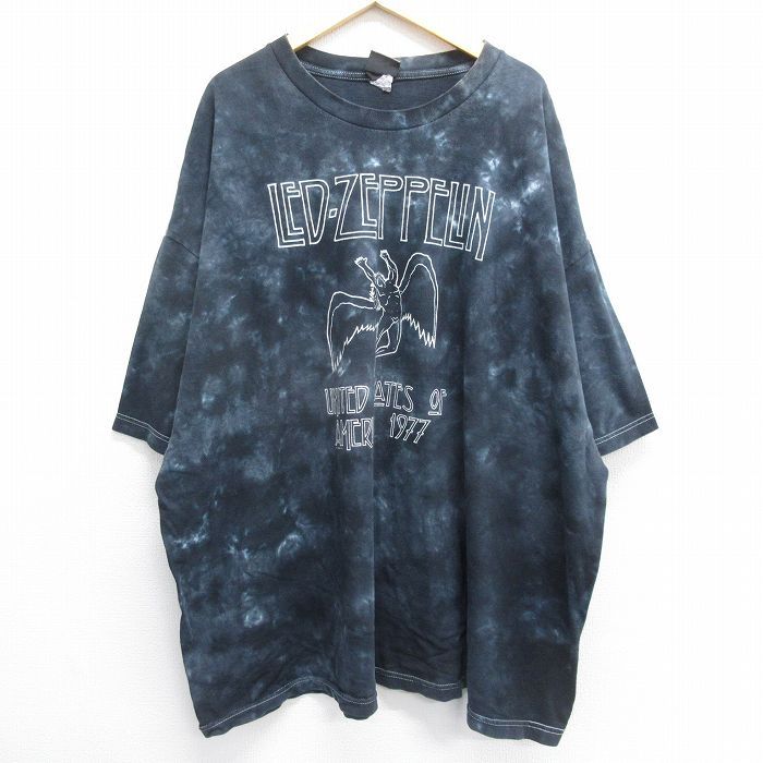 XL/古着 リキッドブルー 半袖 ロック バンド Tシャツ メンズ レッドツェッペリン 大きいサイズ ロング丈 コットン クルーネック 濃紺他 ネ