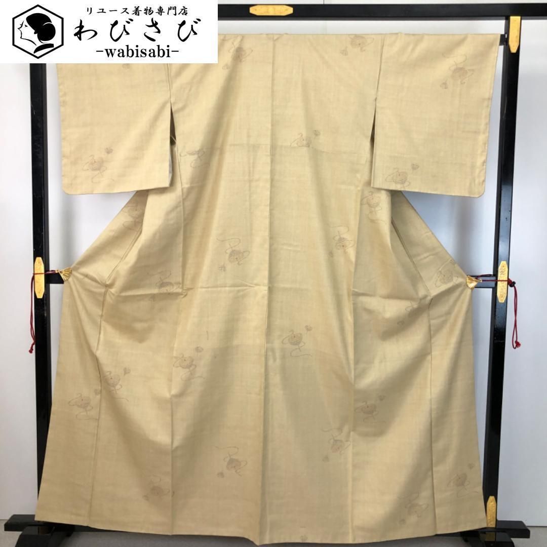 本場結城紬 100亀甲 奥順 証紙付 独楽柄 枯野色 しつけ糸 K-4899 本場結城紬 100亀甲 奥順 証紙付 独楽柄 枯野色 しつけ糸 K-4899